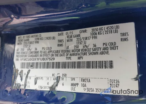 2015 Ford Escape Se из США, поврежденный, VIN 1FMCU0GX1FUB37529